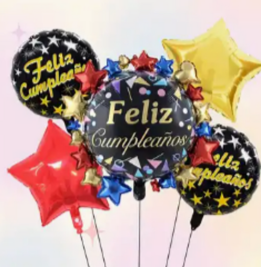 Feliz Compleanos (Happy Birthday) Balloon Bouquet Black/Gold/ Red/Blue