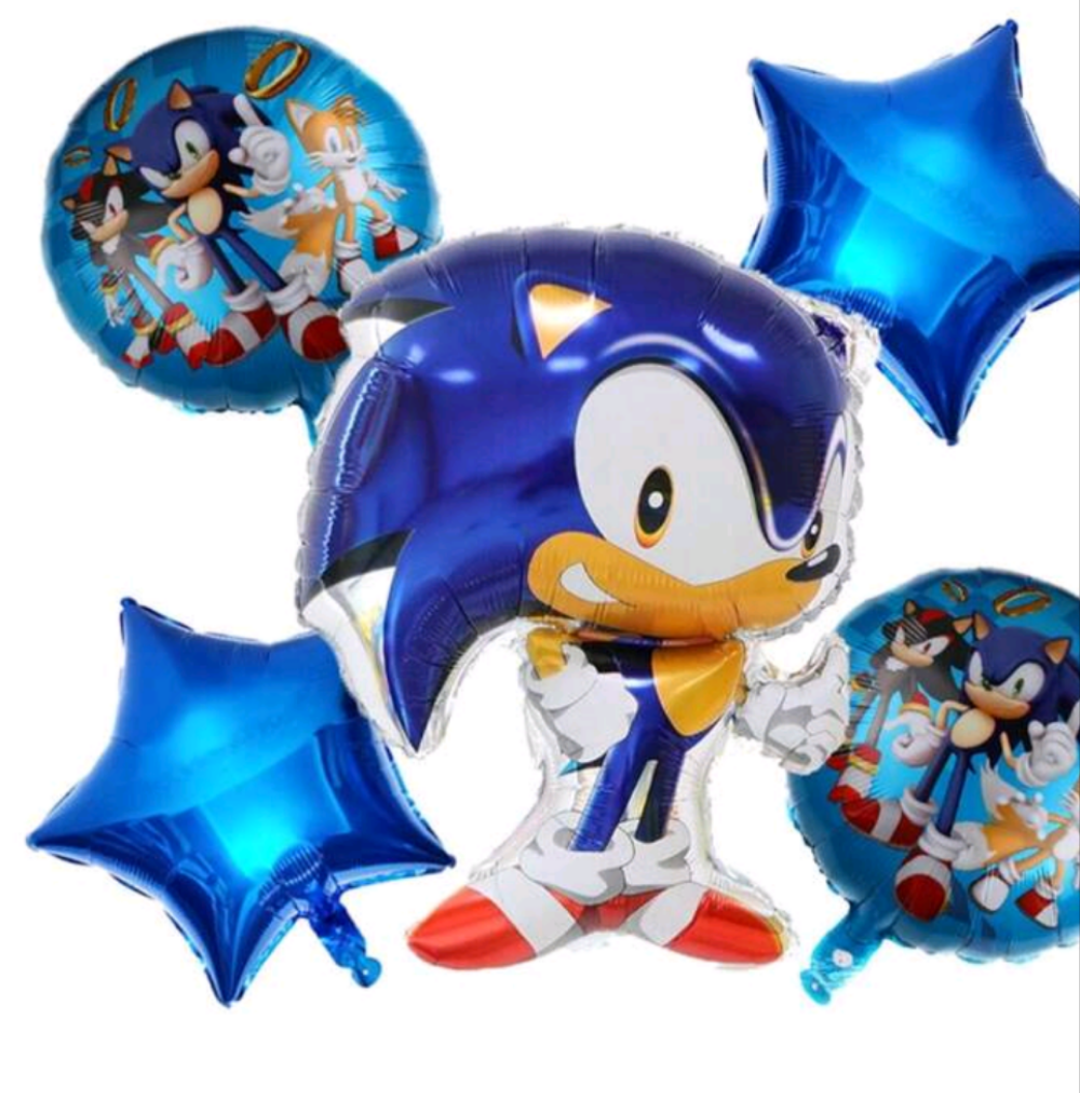 Kids 5 piece Blue Hedgehog Balloon Bouquet.